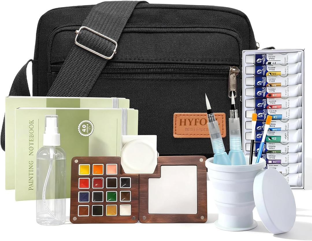 Mini Portable Watercolor Palette,Travel Paint set,15 Grids Portable Wooden Paint Palett with Bag,Paint, Brush, Cleaner Cup,2 Sketchbooks & Magnetic Clip,Watercolor for Painters,Artists