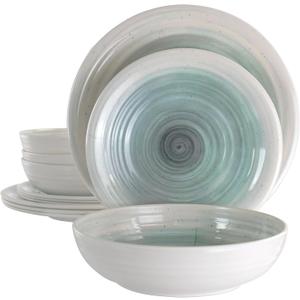 Elama Lightweight Dinnerware Set, 12 Piece, White and Light Blue