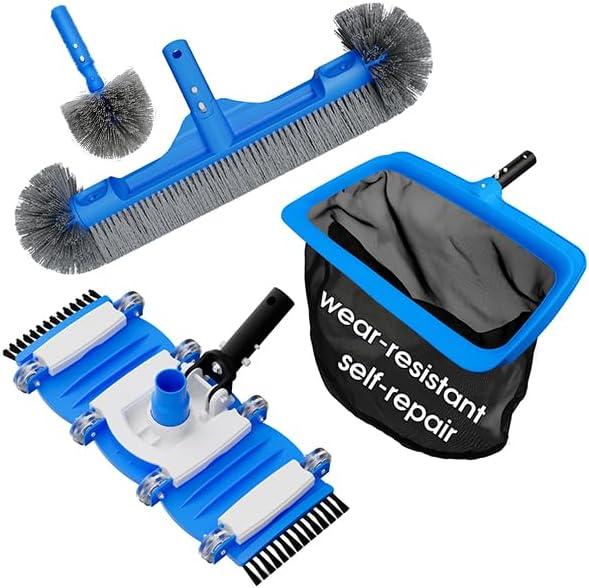 TidyMister 3-in-1 Pool Cleaning Kit Full Set - 18in Rounded End Pool Brush & Ergonomic Pool Vacuum Head with Wheels& Pool Nylon Net Fine Mesh for Above Ground In-ground Pools, Spas, Hot Tubs