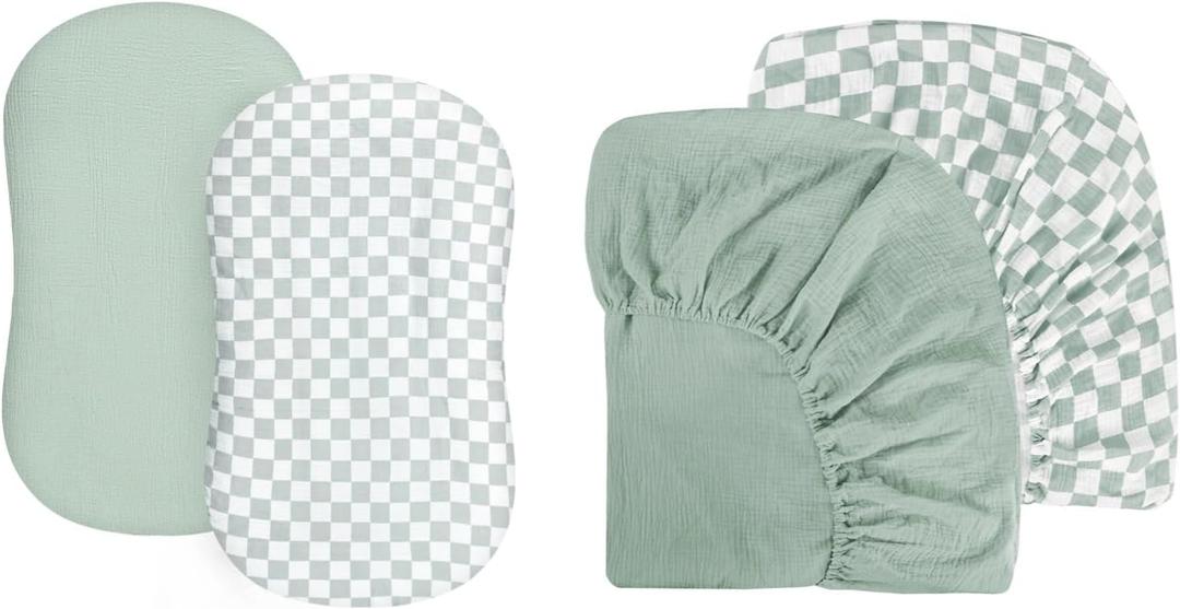 DILIMI Baby Lounger Covers and Muslin Crib Sheets for Baby Boys and Girls 2 Pack, Green and Checkered