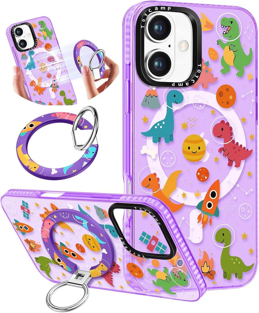 Toycamp for iPhone 16 Plus Case Compatible with Magsafe - Cute Design 360 Magnetic Ring Holder Stand Kickstand Funny Space Dinosaur Girly Pretty Fashion TPU Phone Covers for Women Tenn Girls