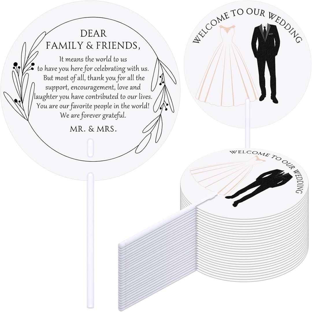 100 Pcs Wedding Hand Fans for Guests Bulk Plastic Round Decorative Fans with Handle for Wedding Party Favors(Bride and Groom Style)
