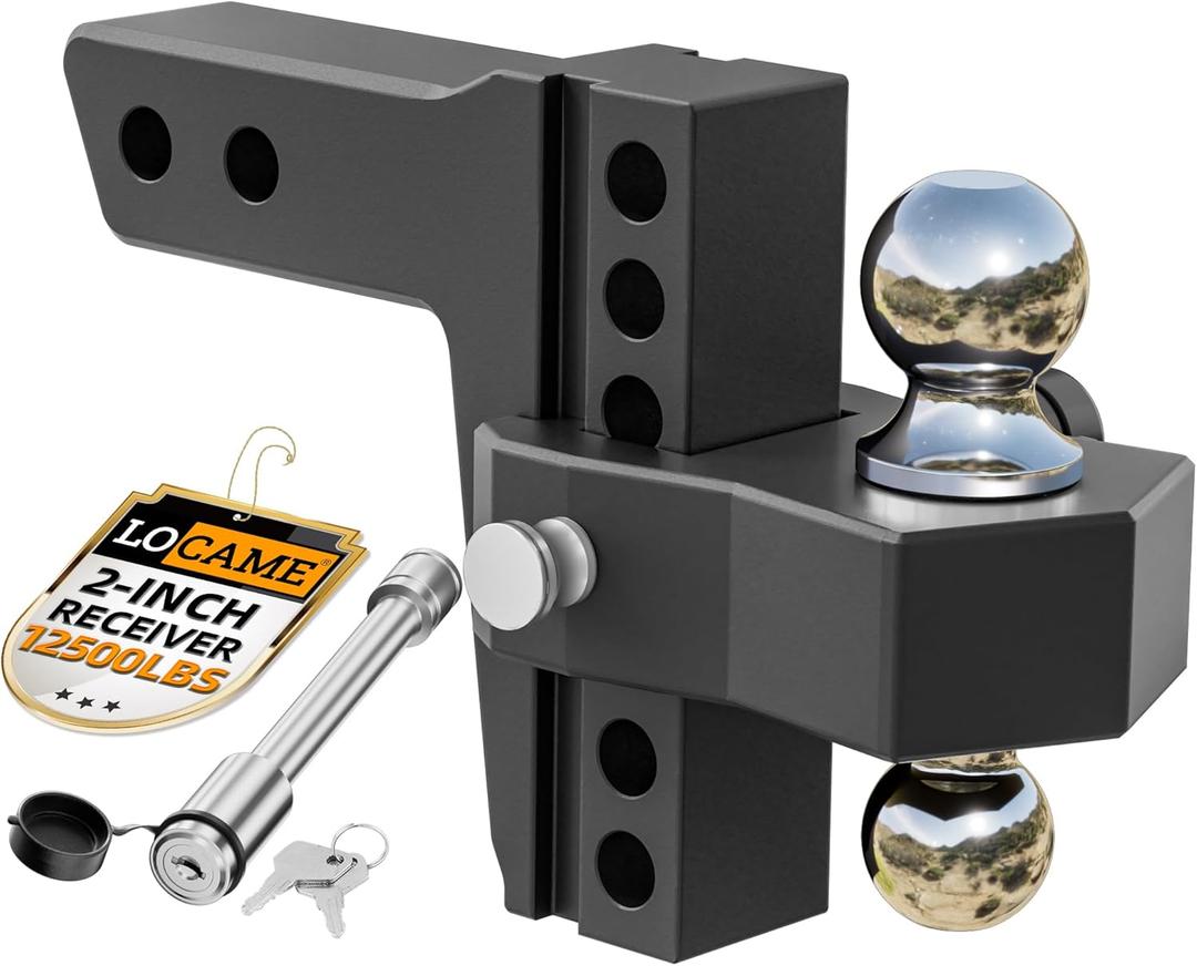 LOCAME Adjustable Trailer Hitch, Fits 2-Inch Receiver, 6-Inch Drop/Rise Aluminum Drop Hitch,12,500 LBS GTW-Tow Hitch for Heavy Duty Truck with Double Stainless Steel Locks, Black, LC0024
