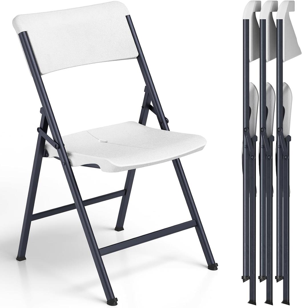 Folding Chair 4 Pack, Portable Heavy Duty Foldable Chair Plastic Seat with Steel Frame for Indoor and Outdoor, Dinning, Party, Wedding, Office, Patio, Garden, White