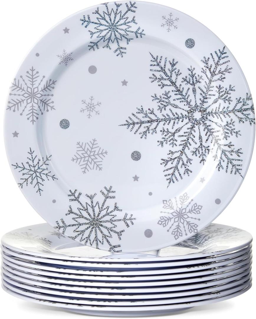 Ziliny 10 Pcs Christmas Snowflake Plates Silver White Snowflake Winter Dinner Salad Plates for Adult Christmas Birthday Winter Party Supplies(8 Inch)
