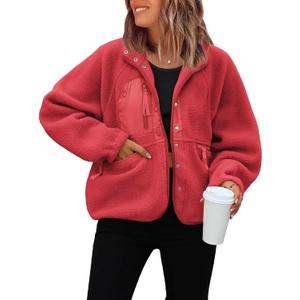 ReachMe Womens Sherpa Jacket Casual Lapel Button Down Cropped Fuzzy Fleece Jackets Long Sleeve Winter Coats with Pockets (Large, Red)