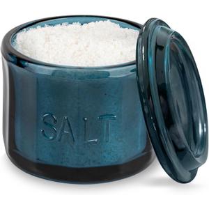 KooK Glass Salt Cellar, with Lid, Embossed Pressed Glass, Clear Storage Container, for Coffee, Sugar, Spices and Candies, Hand Wash Only, 10 oz, (Navy Blue)