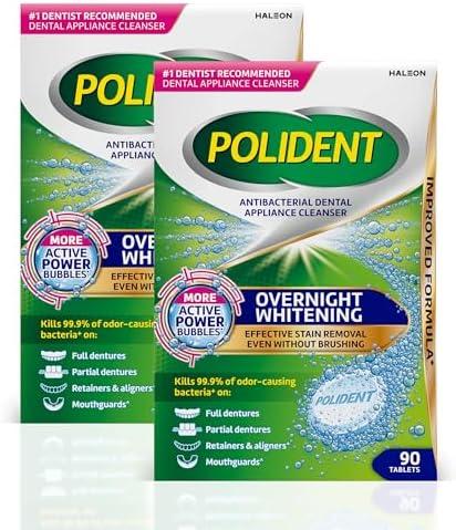 Polident Overnight Whitening Antibacterial Dental Appliance Cleanser Tablets, 90 Count (2 Pack)