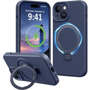 Compatible with iPhone 15 Plus Case Stand, Full Camera Protection Slim Liquid Silicone Phone Cases Fit for iPhone 15 Plus 6.7" Compatible with MagSafe Magnetic Ring Kickstand Case, Dark Blue