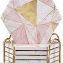 6 Pack Pink Marble Coasters with Holder Gold Absorbent Drink Unique Coaster Cute Ceramic Table Coaster Set Funny Kitchen Accessories Decorative Bar Coster Modern Coffee Table Decor Cup Coasters