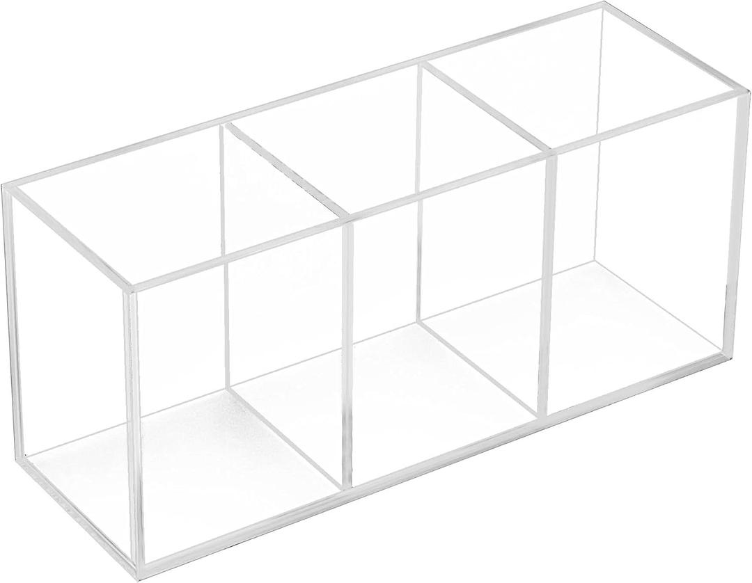Acrylic Pen Holder for Desk 1/3/4 Compartments,Pencil Cup Stationery Organizer,Cosmetic Brush Storage Box, for Dorm, Office, Kitchen Bathroom. (Clear, 3 compartments)