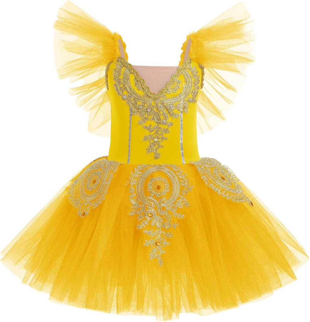 AFAVOM Ballet Leotards for Girls Ballerina Performance Swan Lake Costumes Embroidery Tulle Camisole Skirted Leotard Dancewear (7-8 Years, Yellow)