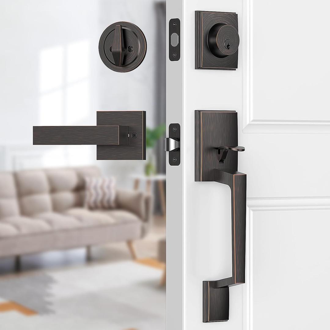 goldenwarm Front Door Lock Set, Black Front Door Handle and Deadbolt Set, Single Cylinder Front Door Entry Lock, Exterior Door Lock Set, Front Door Handles and Locks