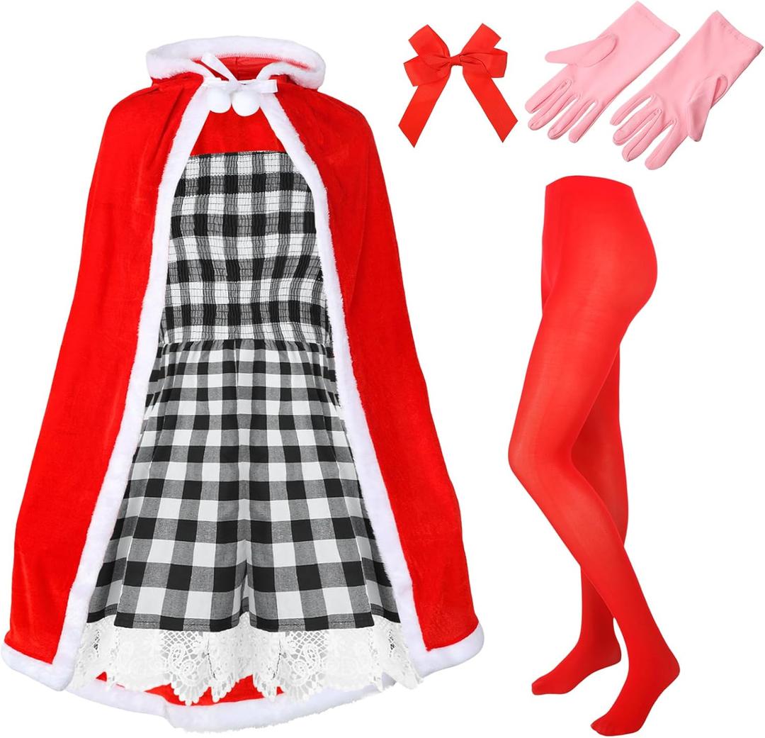 Xuhal Set of 5 Pcs Christmas Costume for Women Christmas Gingham Dresses Velvet Hooded Cape Tights Gloves Bow for Girl (Large)
