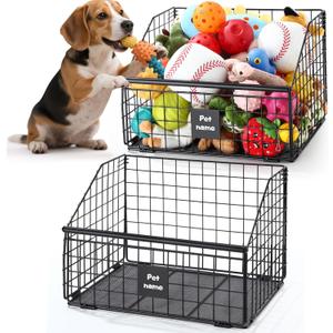 2Pcs Dog Toy Basket Metal Chew Resistant Dog Toy Bin Chest Storage Box Wire Organizer Basket for Pet Puppy Cat Food Storage Home Office Kitchen(14.4 x 12.6 x 10 Inches)