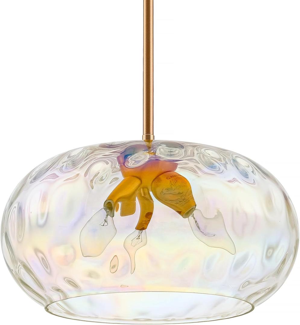 Large Glass Pendant Lighting, Hammered Lampshade Chandelier with Height Adjustable Hanging Rods, Brass Gold Chandelier for Dining Living Room Kitchen Island (Stained, 14 Inch)