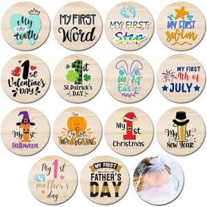 Baby First Holiday Milestone Cards, 7 Pack Double Sided Wooden Baby Milestone Signs for Newborn Girl or Boy, Baby Shower Cards Come with Organza Gift Bag (First Special Moments)