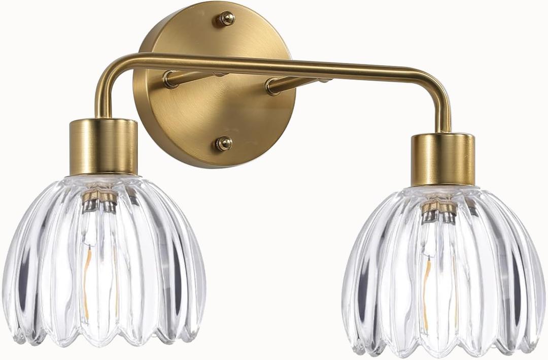2-Light Gold Brass Bathroom Light Fixture with Clear Tulip Glass Shade,Wall Sconces,Vintage Vanlity Light Over Mirror,Bathroom Wall Light,E26 Socket(Bulbs Not Included)