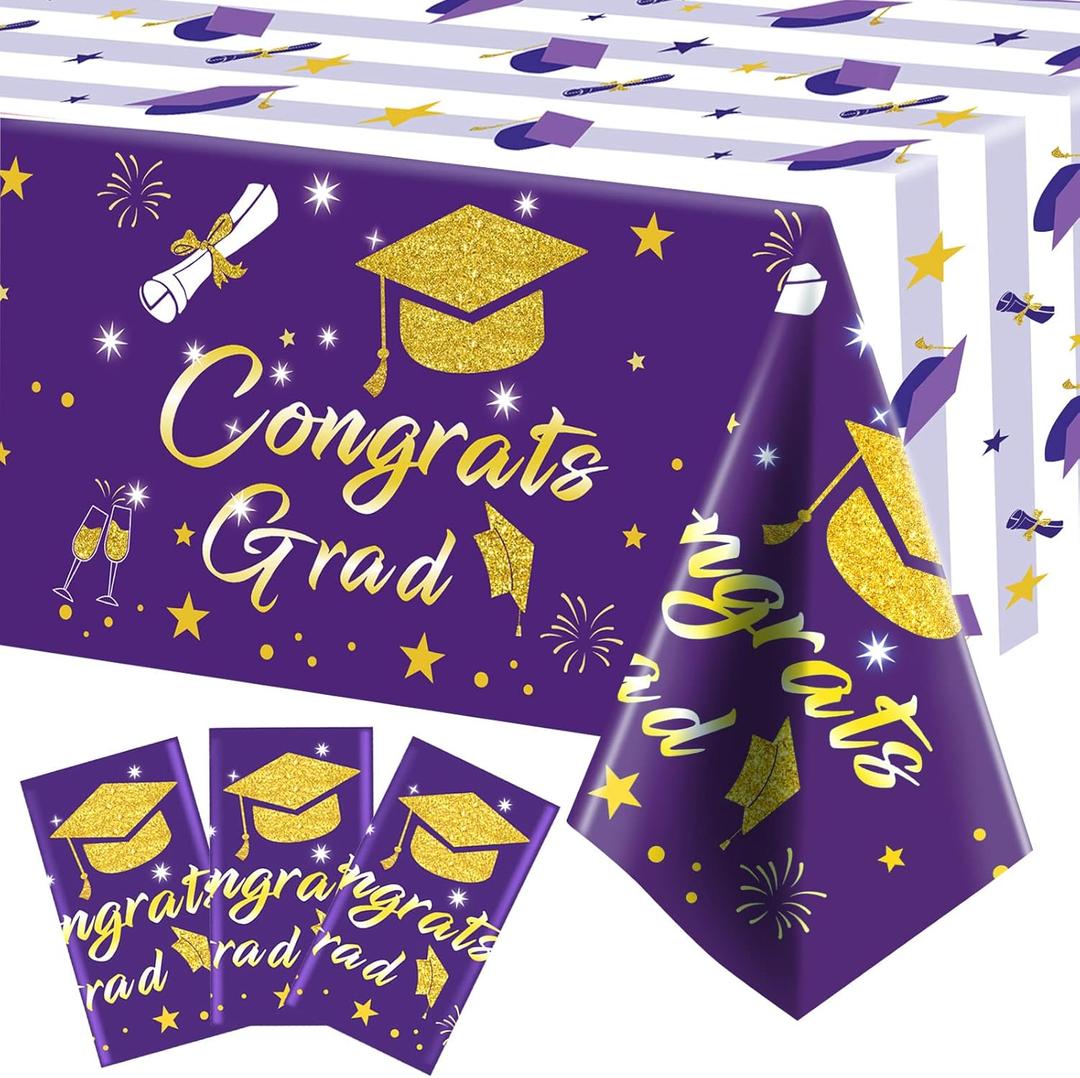 Graduation Tablecloth Party Decorations 2025, 3 Pack Purple Large Size 54"x108" Congrats Grad Disposable Rectangle Table Covers Plastic Table Cloth for College High School Class of 2025 Party Supplies