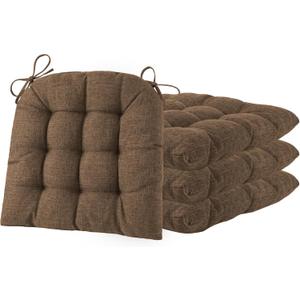 ELFJOY Tufted Chair Cushions for Dining Chairs Set of 4 Premium U-Shaped Chair Pads with Ties Comfortable Seat Cushion for Kitchen Office Dining Room (17"x 16"x 3" Coffee)