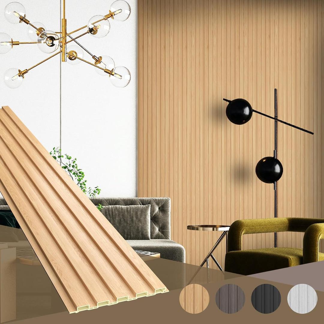 OUZUGIE WPC Acoustic Slat Wall Paneling, 8-Pack 114 x 6 Inches 3D Wall Panels for Interior Wall Decor,Living Room,TV Background,Study Room,Office Spaces,Bedroom,Low Grille (Oak)