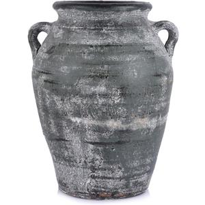 Handcrafted Rustic Terracotta Vase with Handles, 11 Inch Distressed Ceramic Pottery Vase for Farmhouse Decor, Vintage Wide Mouth Vase for Home, Living Room, Table, Shelf, Entryway Decor