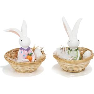 Easter Bunny Resin Decor Set of 2  Cute Rabbit Figurines in Basket with Eggs, Spring Easter Table Decorations for Home, Farmhouse, Office & Party Centerpiece Tiered Tray Shelf Mantel