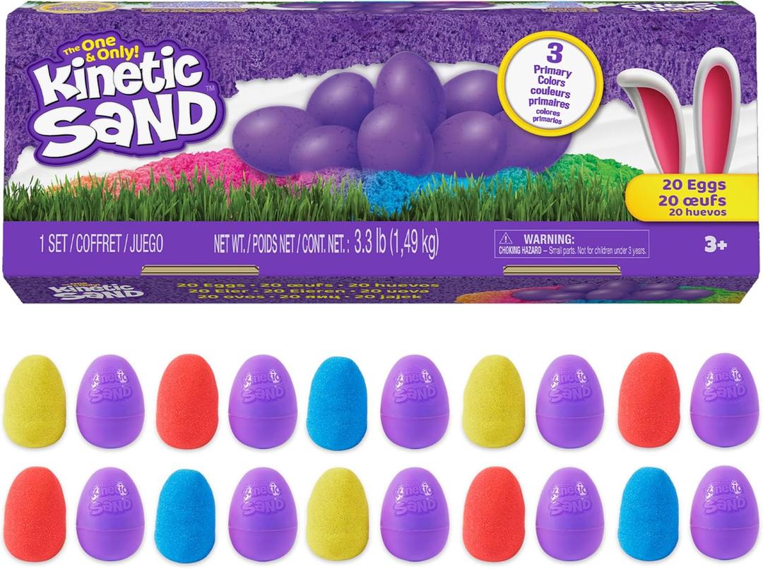 Kinetic Sand, 20-Pack Eggs with 3.3lbs Red, Yellow & Blue Play Sand for Egg Hunts, Party Favors & Goodie Bags, Sensory Toys for Kids Ages 3 and up (Multi Color)
