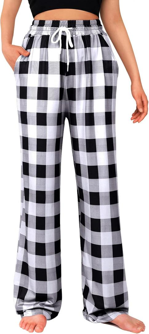 Womens Pajama Pants Plaid Stretch Comfy Lounge Pants Drawstring Sleep Bottoms with Pockets (X-Small, Black&white)
