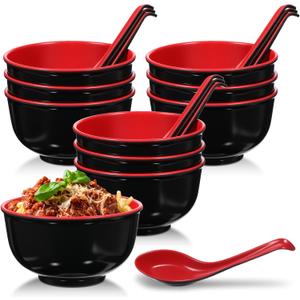 10 Pack Miso Soup Bowl Set with Spoons, 16 Oz Unbreakable Melamine Japanese Ramen Bowls, BPA-Free, Dishwasher Safe, for Udon, Pho, Salad, and Cereal