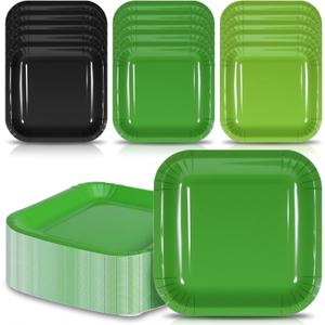 120 Pcs Square Paper Plates, Disposable Square Birthday Party Dessert Plates, Paper Dinner Plate for Party Theme Decorations Wedding Halloween Bridal Shower(Black, Grass green, Dark green, 7 Inch)