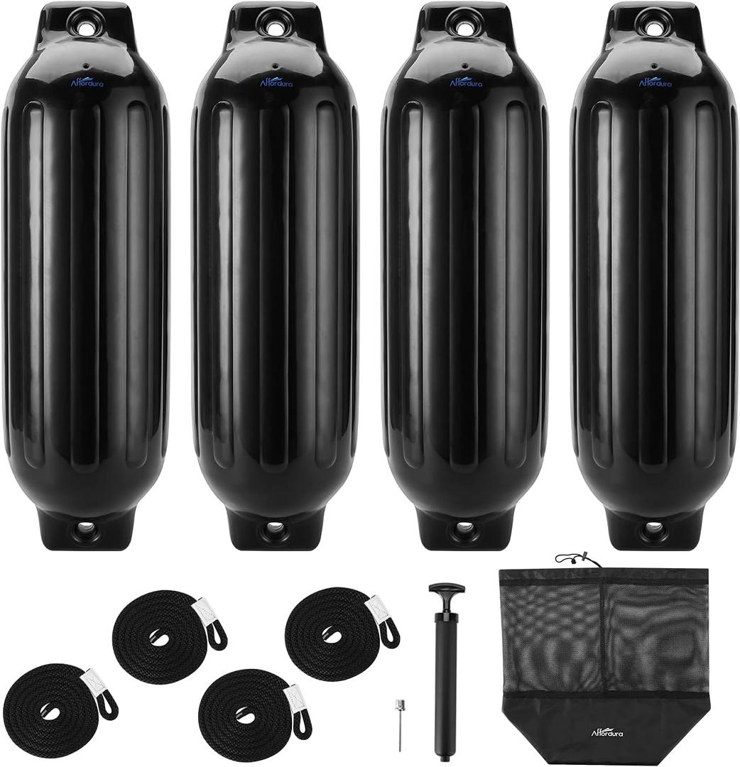 Affordura Boat Fender 4 Pack Boat Bumpers Fenders with 4 Ropes, Boat Bumpers for Pontoon Boat Fenders Inflatable (8.5 inch, Black)