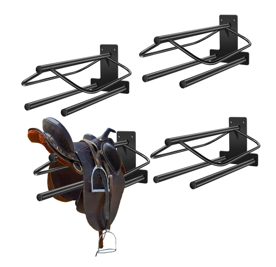 4 Sets Wall Mounted Saddle Rack With Double Pad Bar - Heavy Duty Stand for English and Western Saddles - 23.8x12.6x7.5 Inches