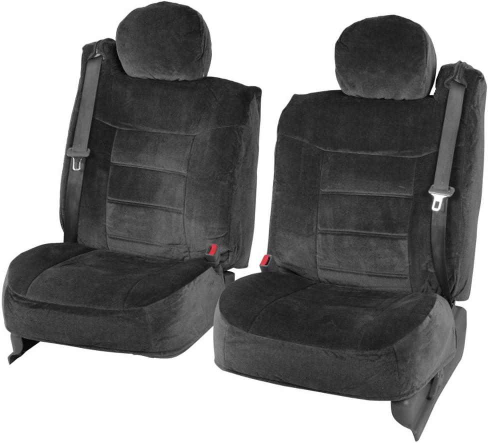 BDK Velour Fabric 2-Pack Front Seat Covers for Pick-Up Trucks, Trucks, Vans with Integrated Seat Belt, Detachable Headrest Without Integrated Arm Rest - Black