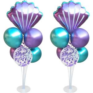 Mermaid Table Centerpiece Balloons Stand Kit 2 Sets with 2 Sea Shells Foil Balloons 14 Purple Blue Latex Balloons for Birthday Beach Mermaid Theme Sea Theme Party Mermaid Birthday Decorations, 47 inches