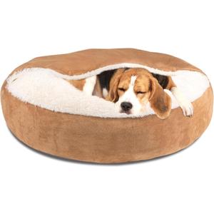 Pet Soft Small Dog Bed Cat Bed with Cover Cave - Round Calming Dog Beds Washable Cuddler Puppy Beds for Small, Medium Dogs and Cats (Khaki, 30")