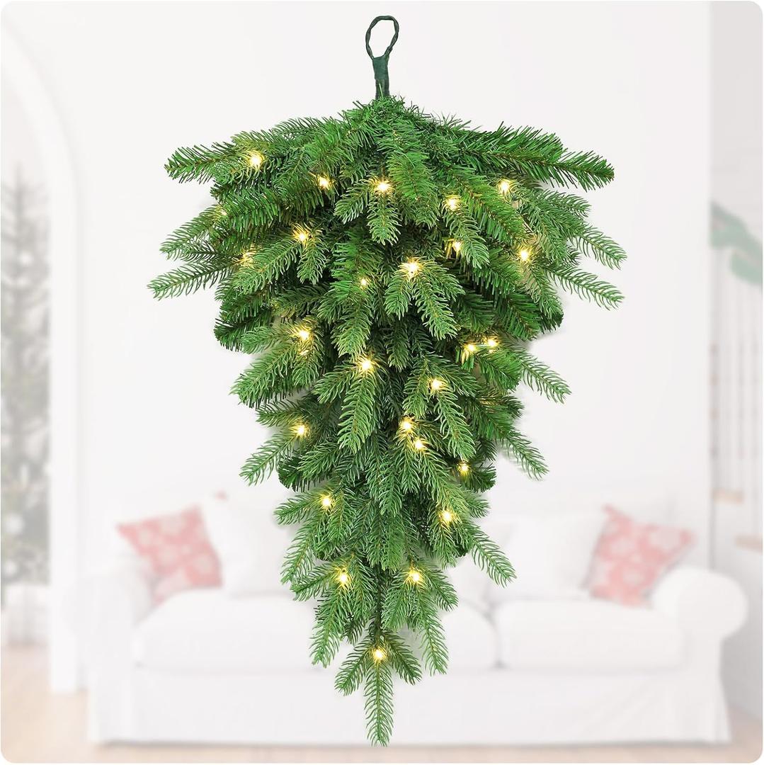 Temfmy Pre-lit Artificial Christmas Teardrop Swag With 30 LED - 24 in Pine Greenery for Staircase Decorations