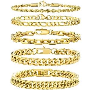 VNOX 5/7 Pcs Chain Bracelet for Men Women - Sturdy Stainless Steel Curb Width Cuban Link Chain Bracelet Set for Men Women,6.5/7/7.4/8.2/9 Inches