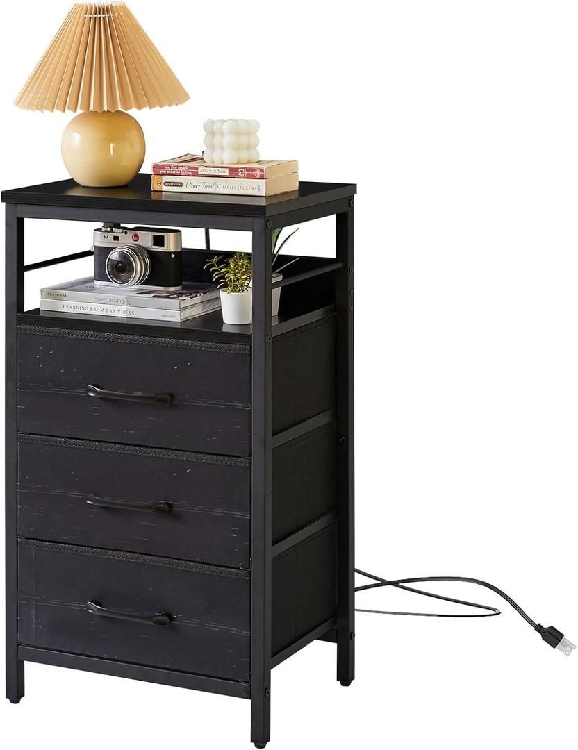 IBUYKE Nightstand with Charging Station,Side Table with Fabric Drawers, Bedside Table with USB Ports and Outlets, End Table for Bedroom, Living Room, Black UTNS001B