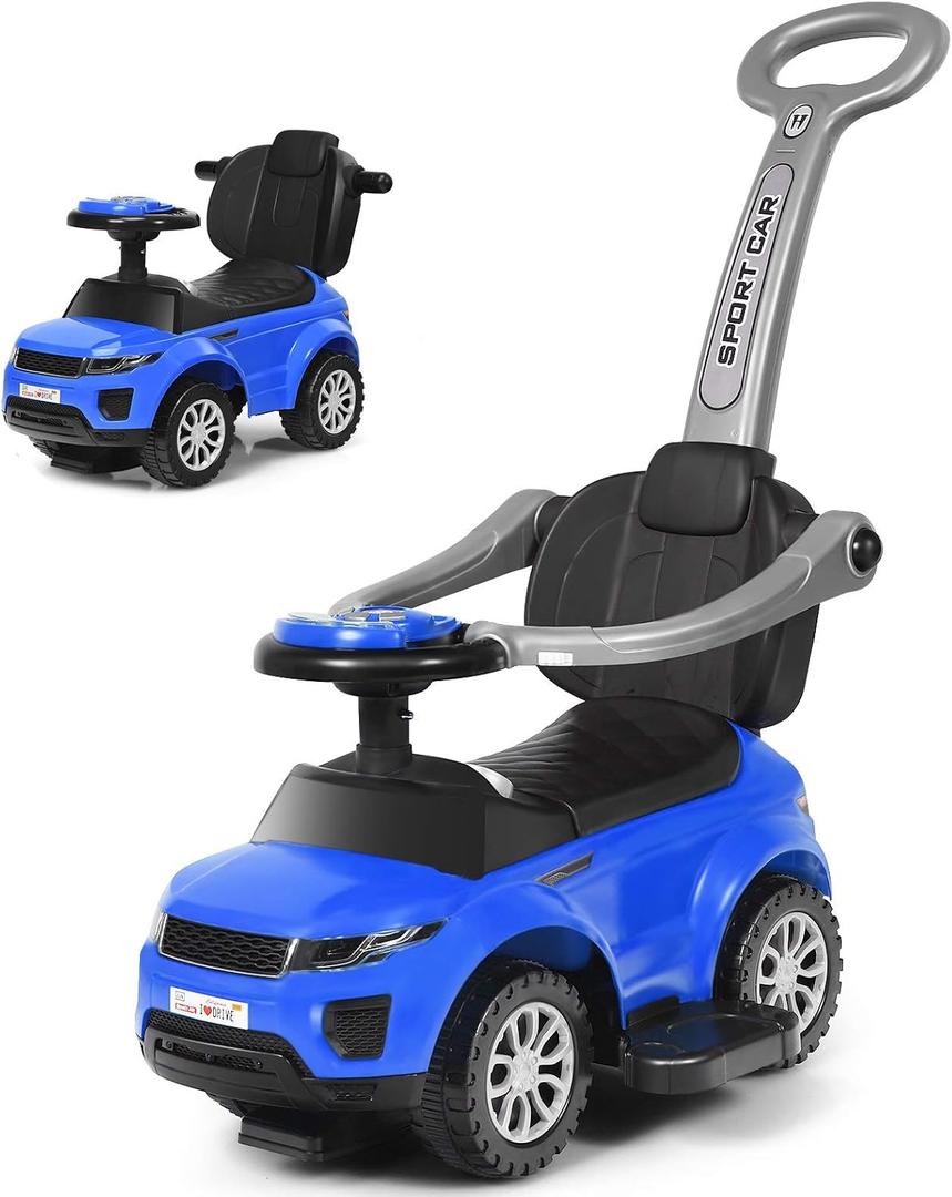 Costzon 3 in 1 Ride on Push Car, Stroller Sliding Walking Car with Horn, Music, Light, Under Seat Storage, Parental Handle, Armrest Guardrails, Ride on Toy for Boys & Girls (Blue), 35" x 17" x 33"