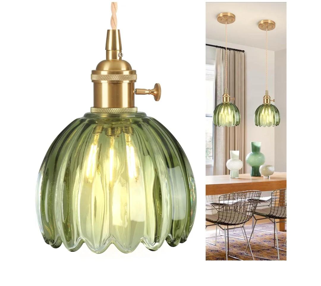 Pendant Light Fixtures, Mini Hanging Lights Green Glass Vintage Pendant Light 5.1Inch E26 Hanging Light Adjustable Hanging Light for Bedroom Living Room Hallway
