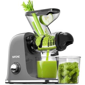 SIFENE Compact Slow Juicer, Easy to Clean, Quiet Masticating Juicer for Small Spaces, Dual Feed Chutes, Cold Press, BPA-Free, 280ml Mini Juicer for Celery, Carrots, Greens, 100W/150W, Dishwasher Safe, (Grey)