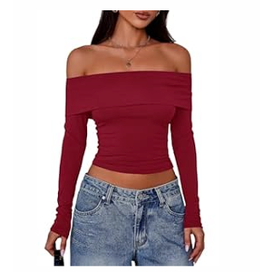 PRETTYGARDEN Off The Shoulder Tops for Women 2025 Long Sleeve Shirts Trendy Going Out Crop Top Spring Fashion Clothes (Wine Red, Large)