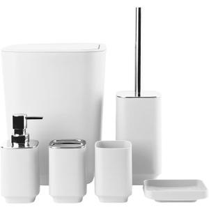 Bathroom Accessory Set 6 Piece Bathroom Accessories Set with Toothbrush Holder&Cup,Soap Dispenser& Dish,Toilet Brush Holder,Trash Can Plastic Gift Set for Bathroom Decorative CountertopWhite