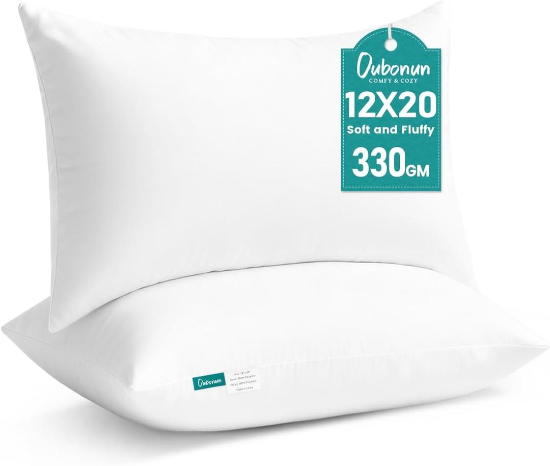 Oubonun 12 x 20 Throw Pillow Inserts - Soft, Plush & Decorative Down Alternative Pillows for Couch Sofa Bed, Machine Washable - White, Pack of 2