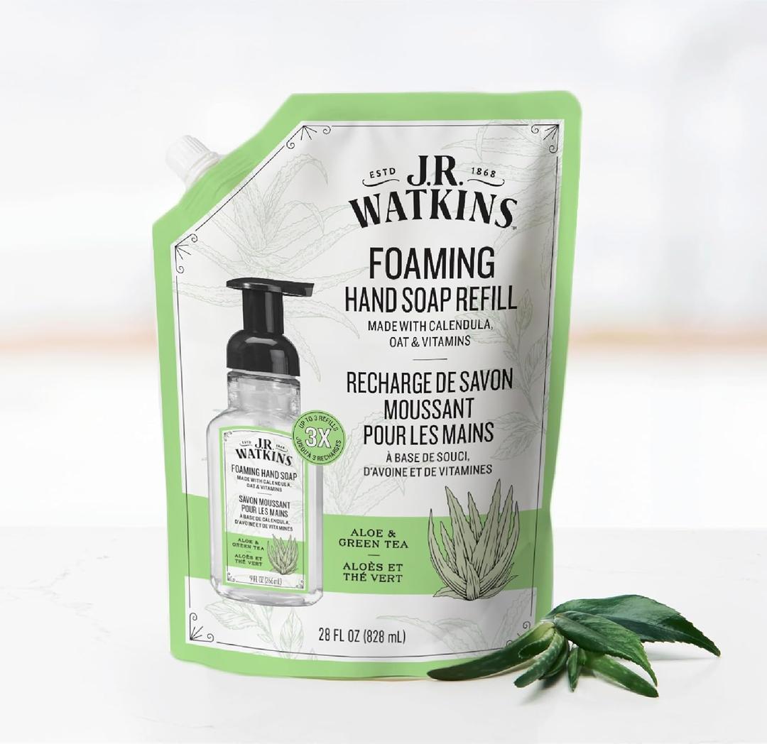 J.R. Watkins Foaming Hand Soap Refill, Moisturizing Foam Hand Wash, Formulated with Plant-Based Cleansers, Alcohol-Free, Cruelty-Free, Aloe & Green Tea, 28 fl oz,