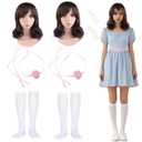 10pcs Women Twins Costume Accessory Set Blue Horror Creepy Sister Wig Sock Pink Sash Side Clip Halloween Cosplay Party