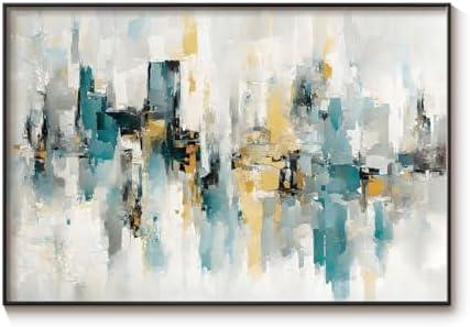 InSimSea Large Metal Framed Wall Art, Blue and Yellow Canvas Picture for Living Room, Oil Painting, Abstract City Print Decor, for Bedroom Home Office -【Vague Memory】-(36L x 24W)