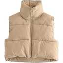 Shiyifa Women's Fashion High Neck Zipper Cropped Puffer Vest Jacket Coat (Beige, X-Large)