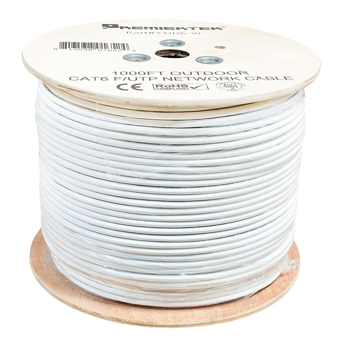 Premiertek Outdoor UV 1000ft Double Jacket Cat6 23AWG CCA FTP (Foil Shield) 4-Pairs Premium Network LAN Cable Direct Burial UV Rated Waterproof White Color